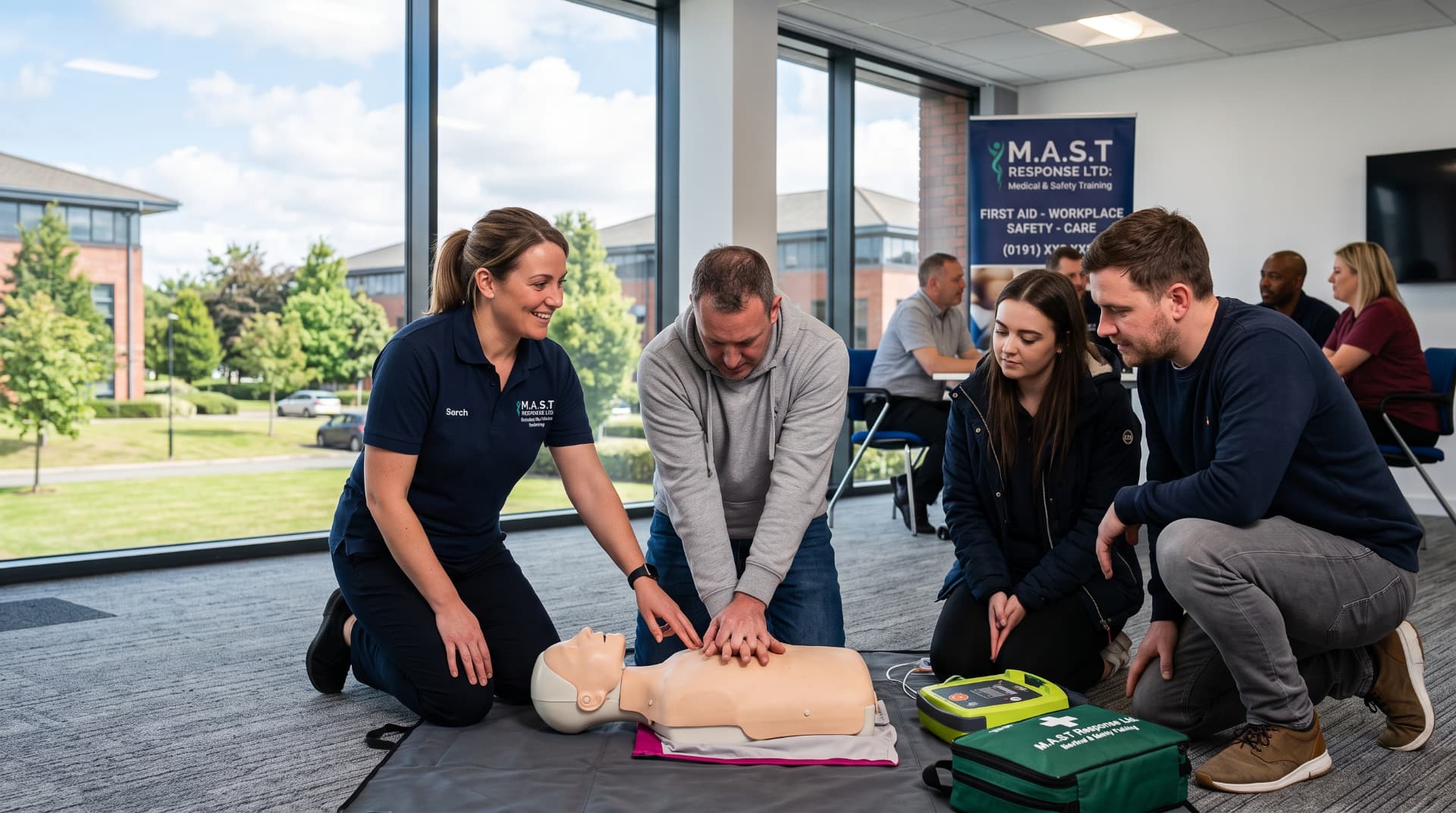 A M.A.S.T Response trainer teaching CPR to a group of adult learners